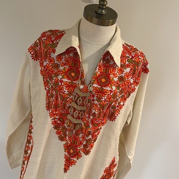 New! Origins kaftan orange /red embroidered cream long tunic coverup siz… - Picture 2 of 9